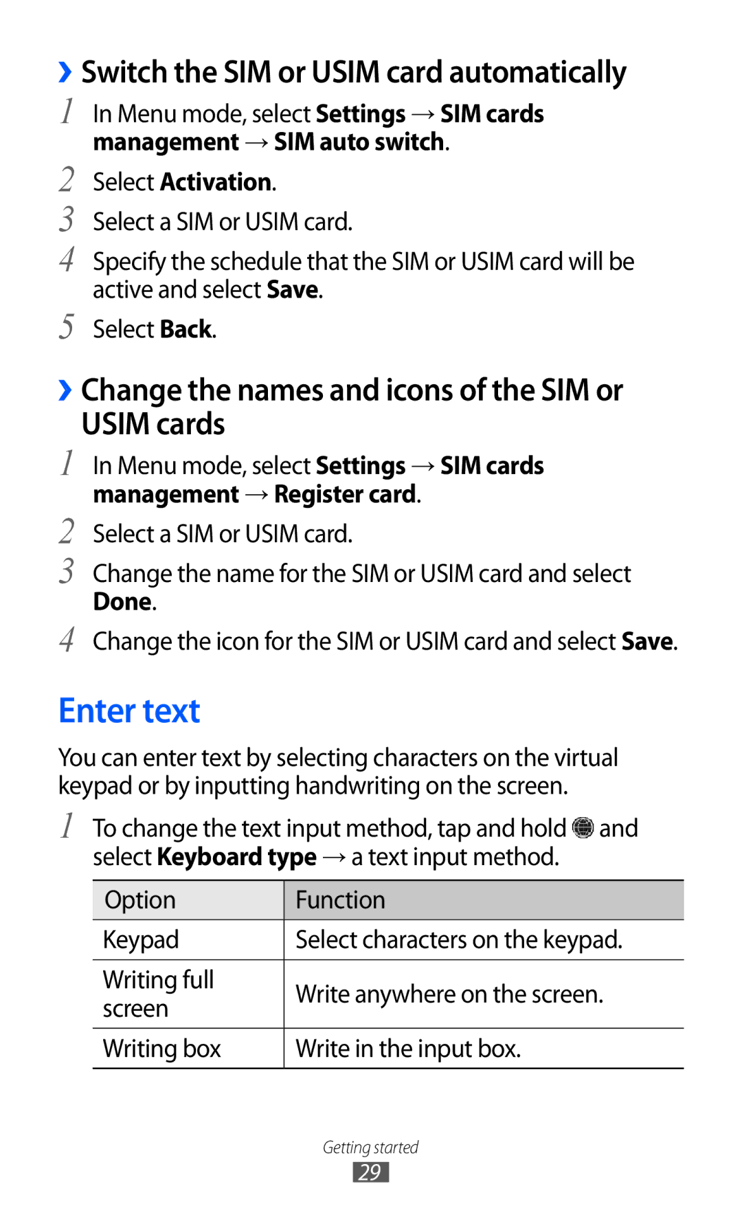 Samsung GT-C6712 user manual Enter text, ››Switch the SIM or Usim card automatically, Select Activation, Done 