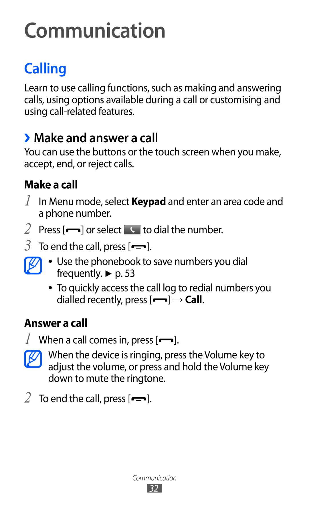 Samsung GT-C6712 user manual Communication, Calling, ››Make and answer a call 