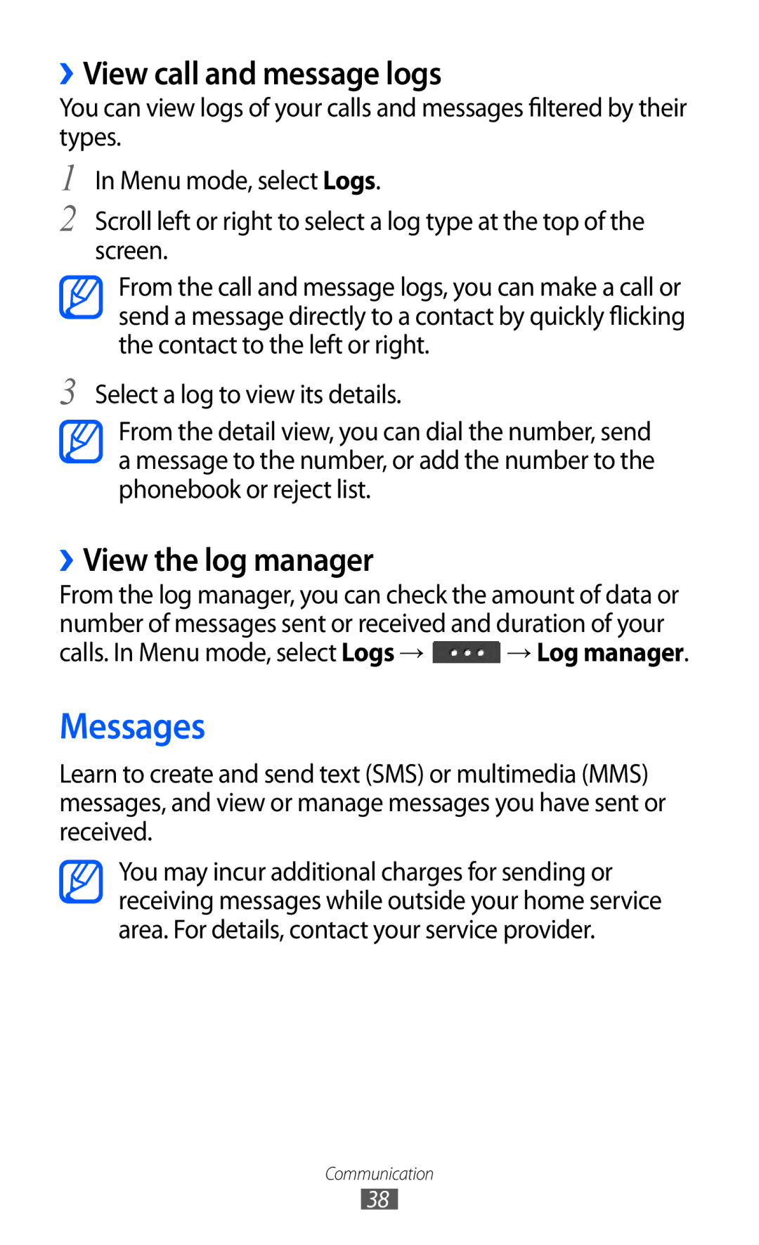 Samsung GT-C6712 user manual Messages, ››View call and message logs, ››View the log manager 