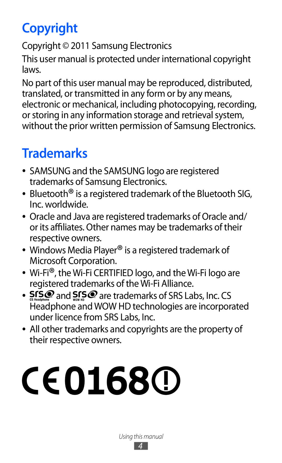 Samsung GT-C6712 user manual Trademarks, Copyright 2011 Samsung Electronics 