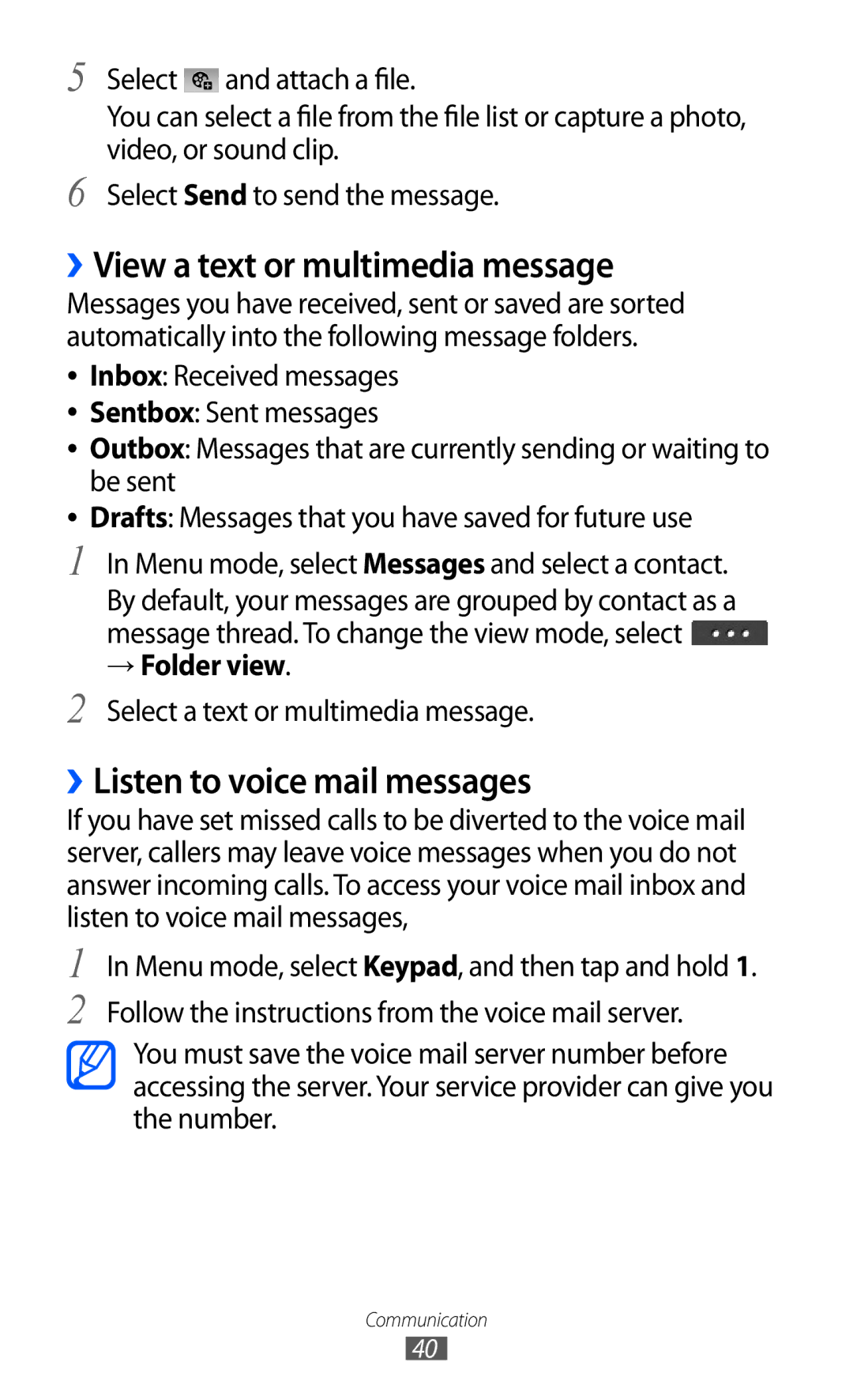 Samsung GT-C6712 user manual ››View a text or multimedia message, ››Listen to voice mail messages, → Folder view 