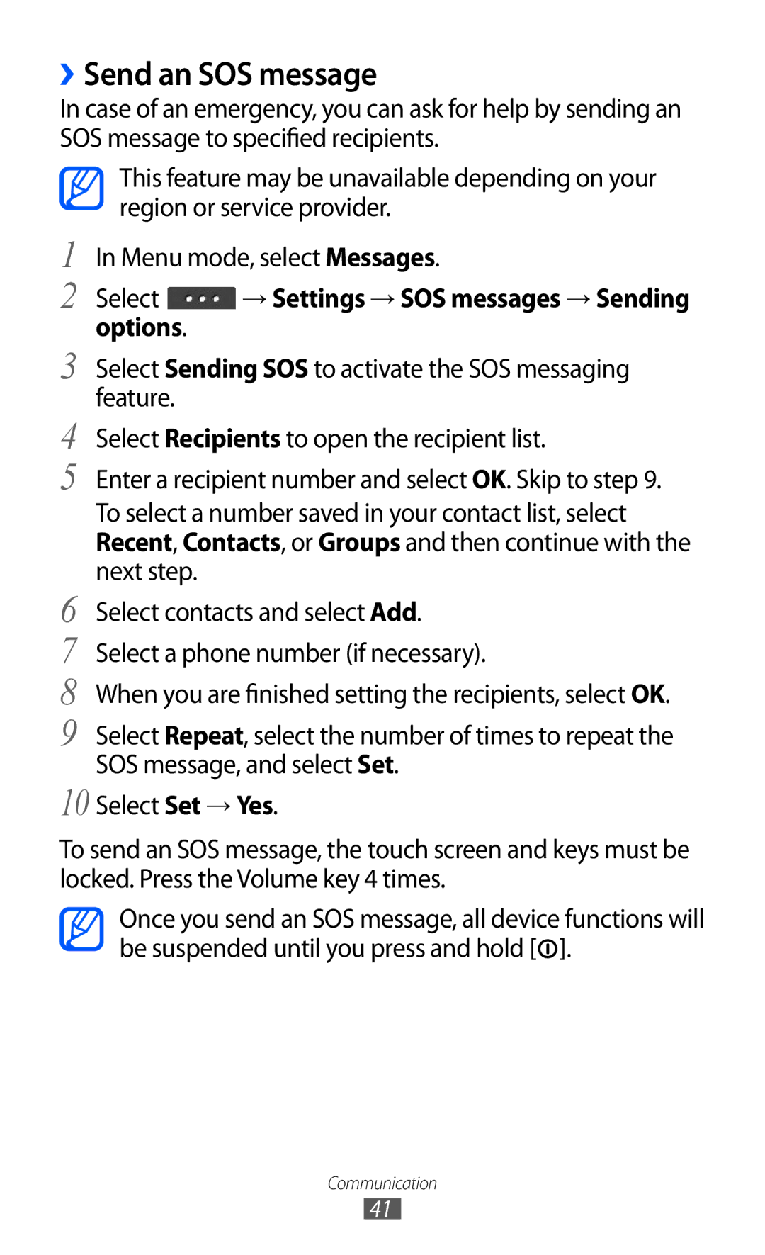 Samsung GT-C6712 user manual ››Send an SOS message, Options 