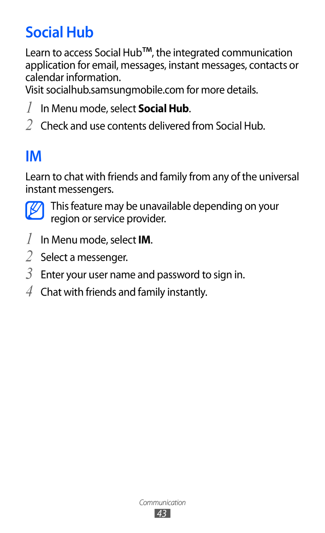 Samsung GT-C6712 user manual Social Hub 