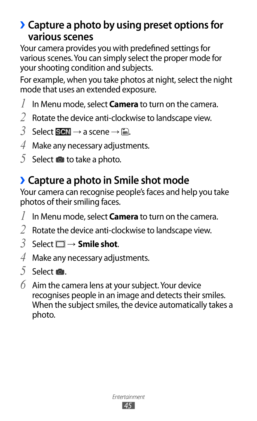 Samsung GT-C6712 user manual ››Capture a photo in Smile shot mode, Select → Smile shot 