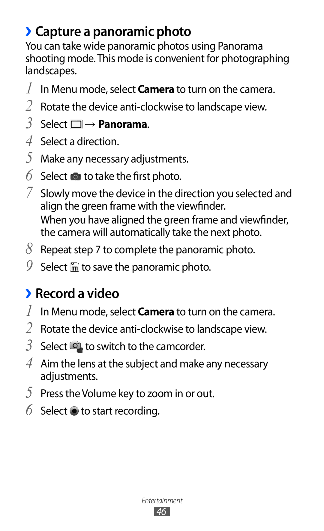 Samsung GT-C6712 user manual ››Capture a panoramic photo, ››Record a video, Select → Panorama Select a direction 