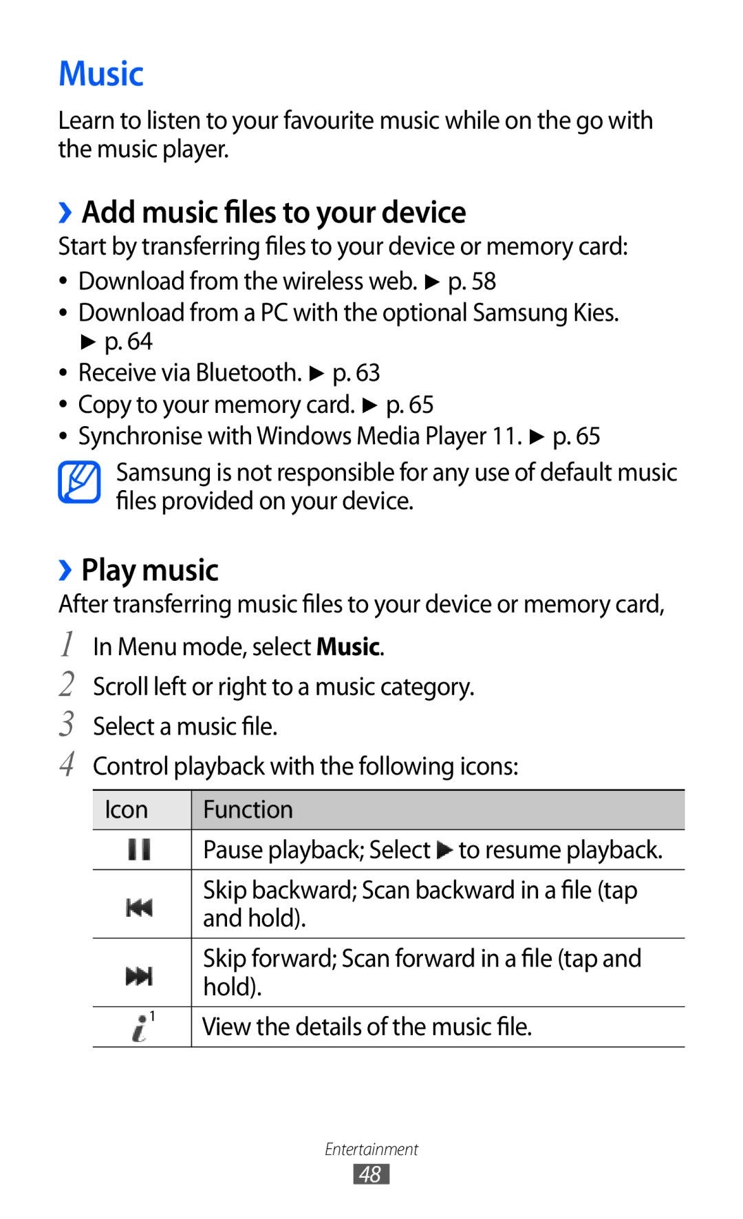 Samsung GT-C6712 Music, ››Add music files to your device, ››Play music, Hold, View the details of the music file 