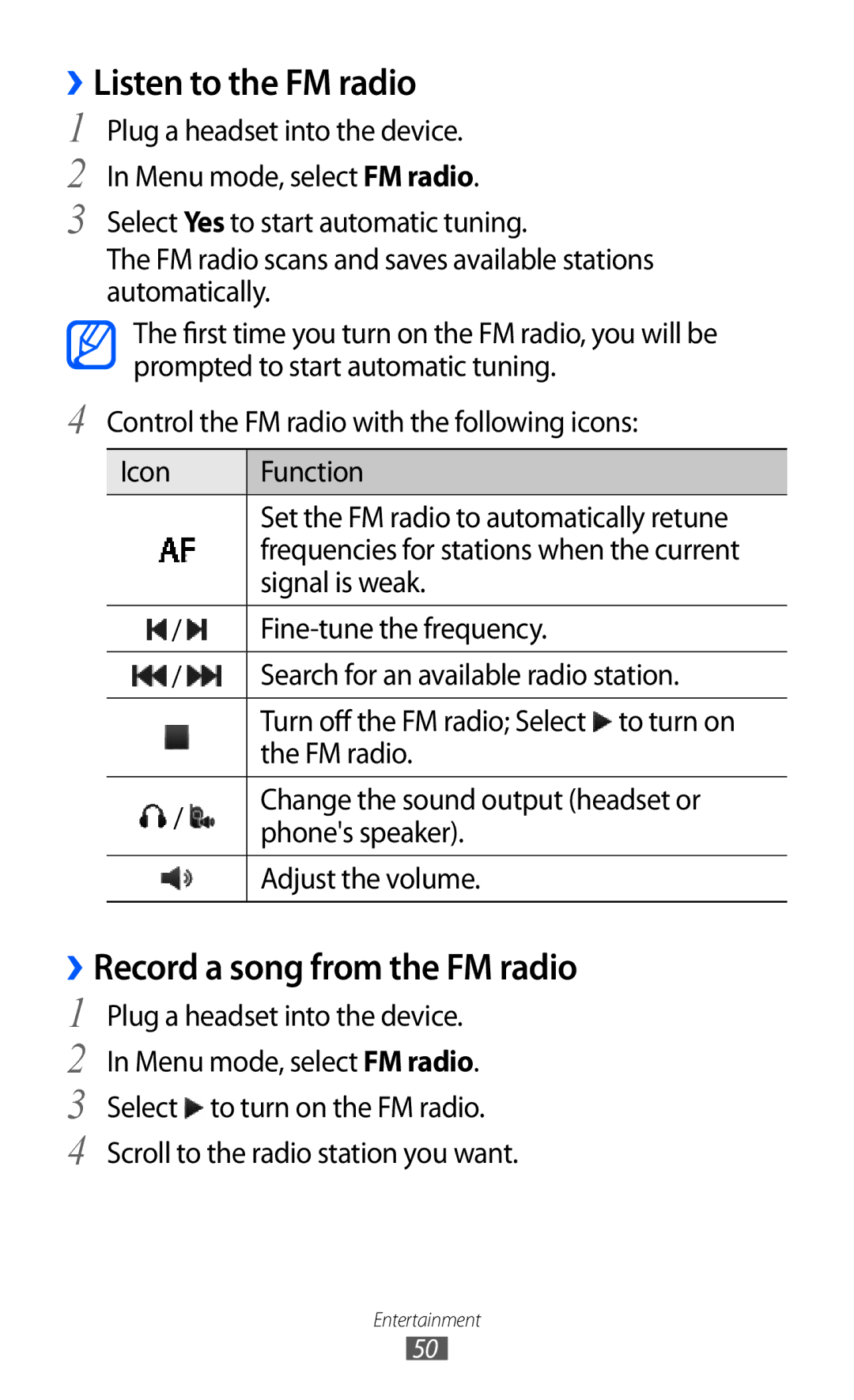 Samsung GT-C6712 user manual ››Listen to the FM radio, ››Record a song from the FM radio 