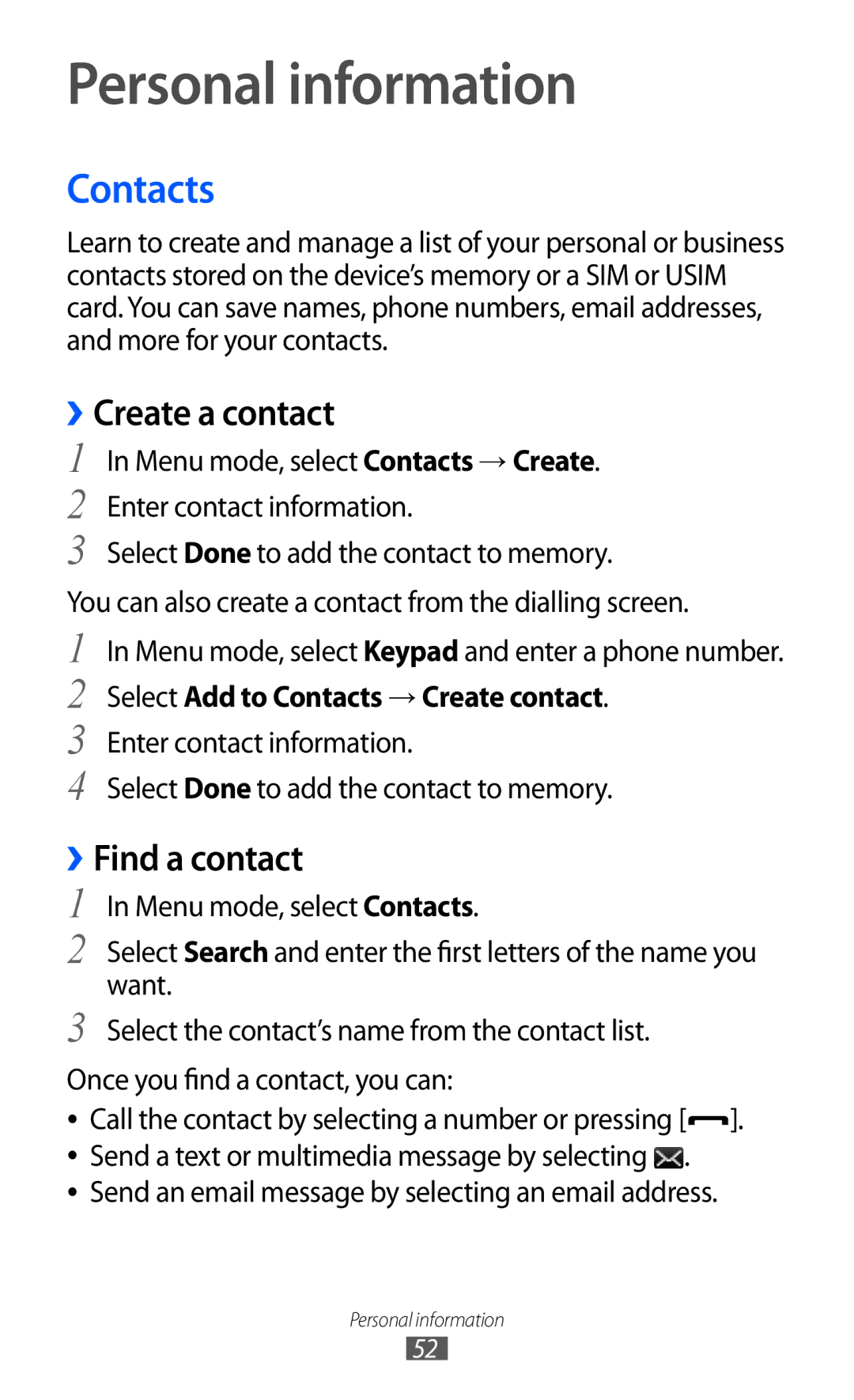 Samsung GT-C6712 user manual Personal information, Contacts, ››Create a contact, ››Find a contact 