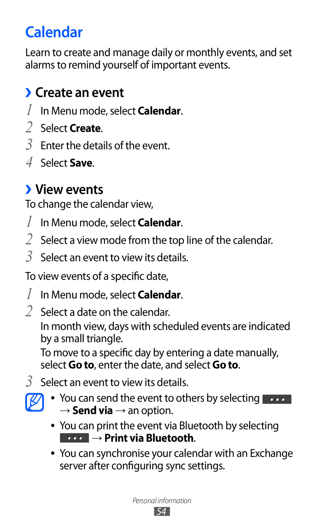 Samsung GT-C6712 user manual Calendar, ››Create an event, ››View events, → Print via Bluetooth 