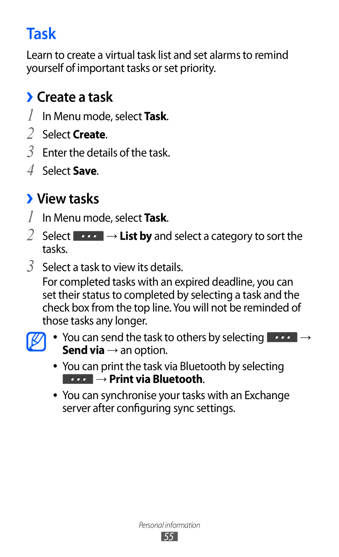 Samsung GT-C6712 user manual ››Create a task, Menu mode, select Task, Tasks Select a task to view its details 