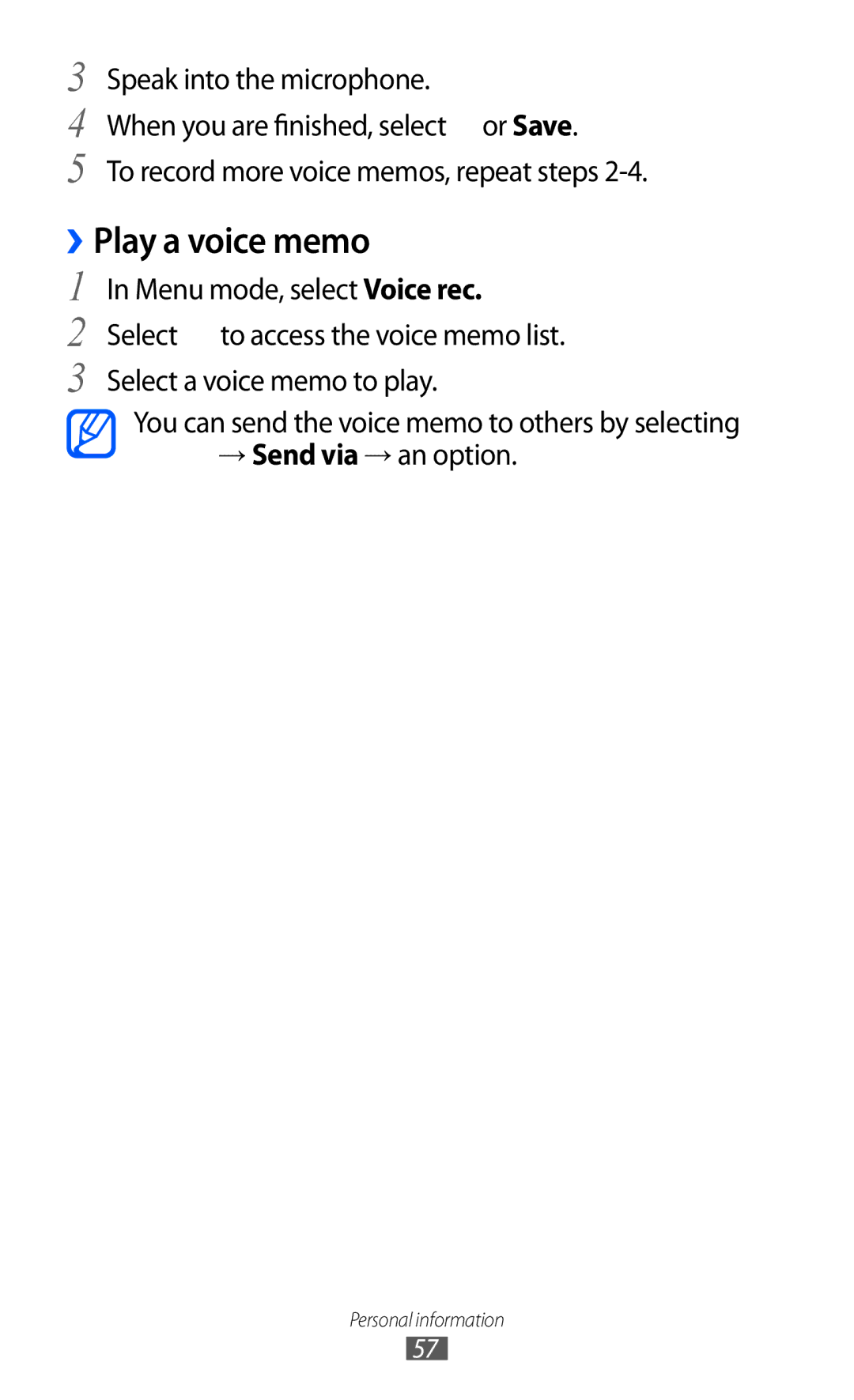 Samsung GT-C6712 user manual ››Play a voice memo 