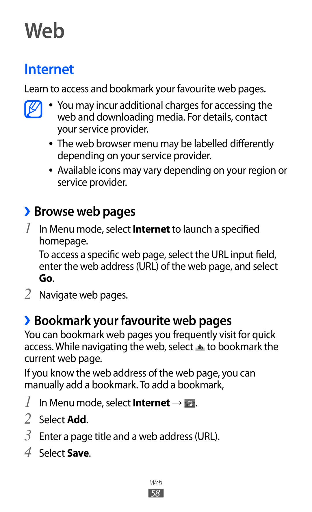 Samsung GT-C6712 user manual Web, Internet, ››Browse web pages, ››Bookmark your favourite web pages 