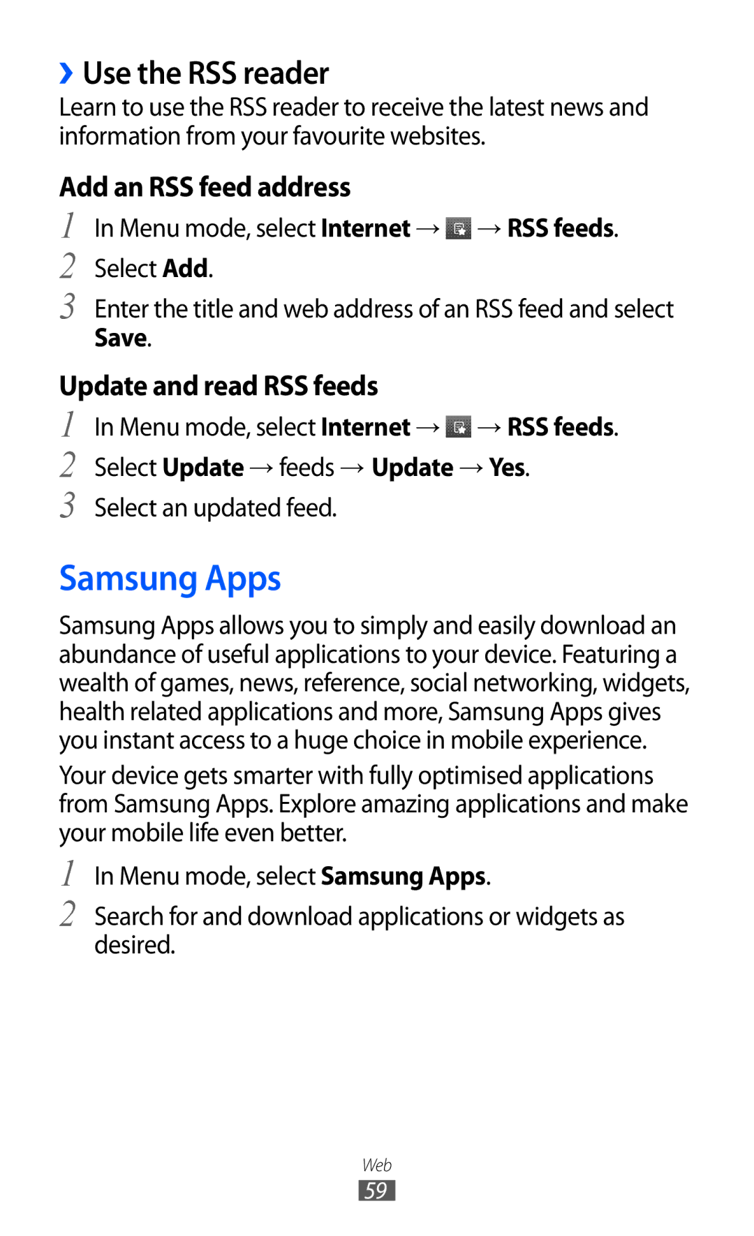 Samsung GT-C6712 user manual Samsung Apps, ››Use the RSS reader, Save, Select an updated feed 