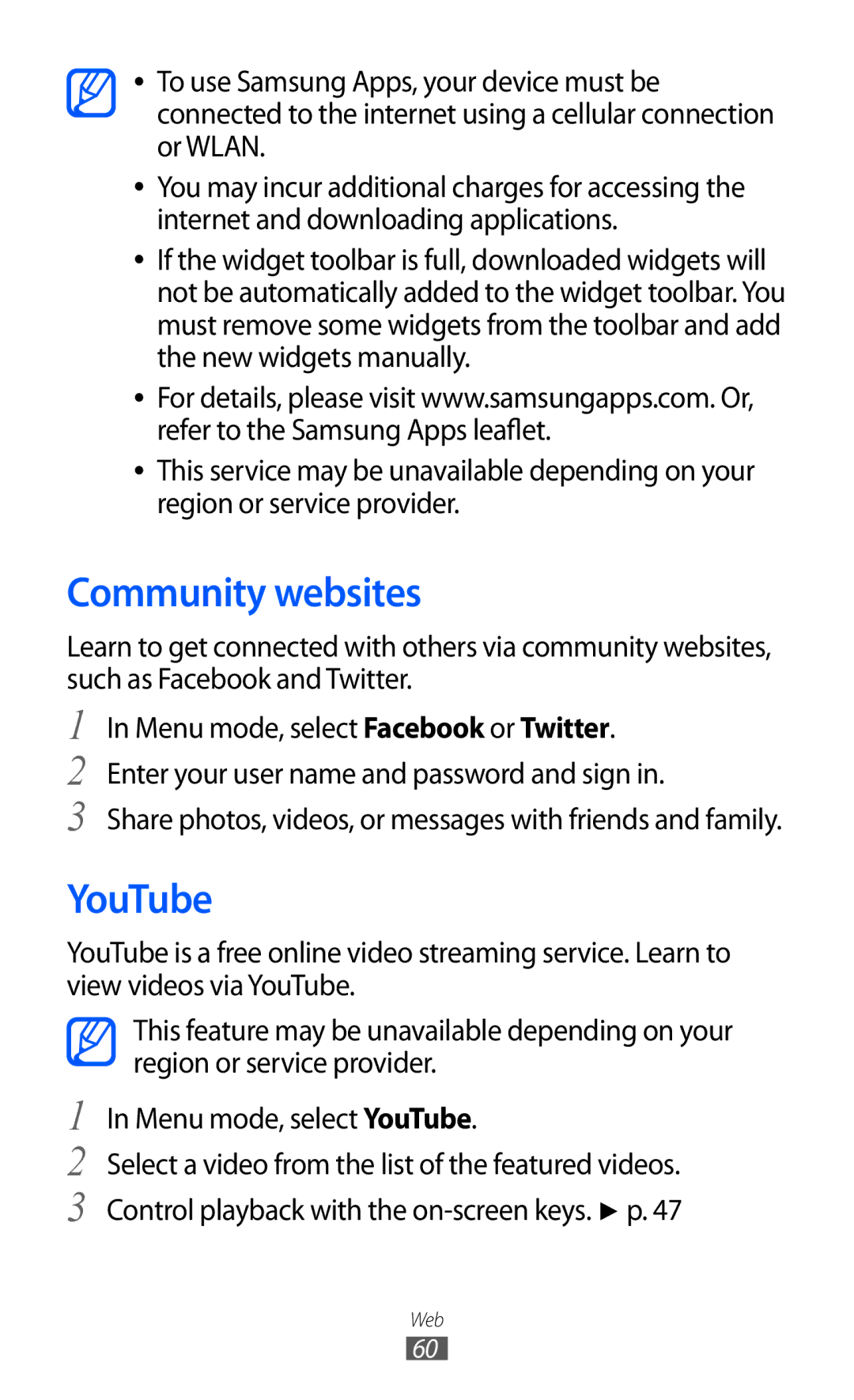 Samsung GT-C6712 user manual Community websites, YouTube 