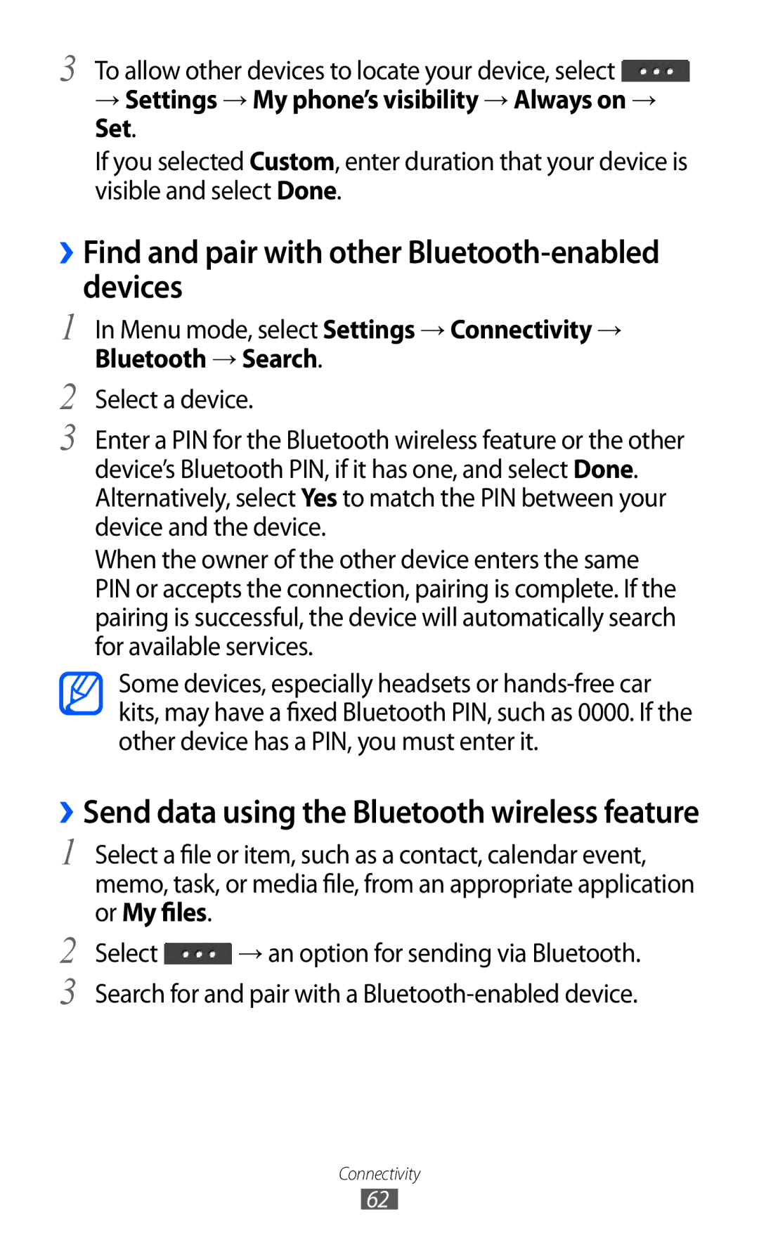 Samsung GT-C6712 user manual ››Find and pair with other Bluetooth-enabled devices 