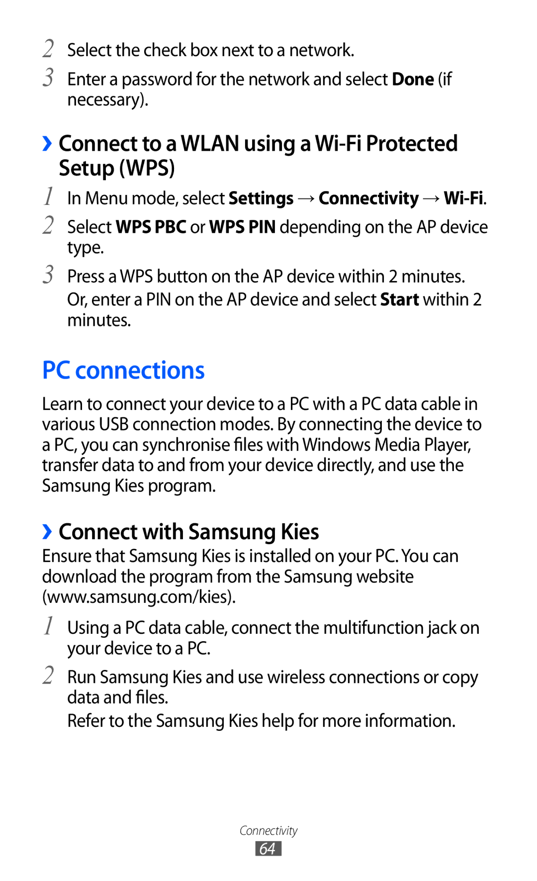 Samsung GT-C6712 PC connections, Setup WPS, ››Connect with Samsung Kies, Menu mode, select Settings → Connectivity → Wi-Fi 