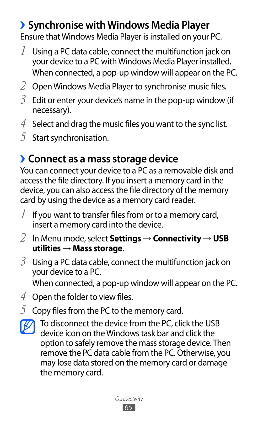 Samsung GT-C6712 user manual ››Synchronise with Windows Media Player, ››Connect as a mass storage device 