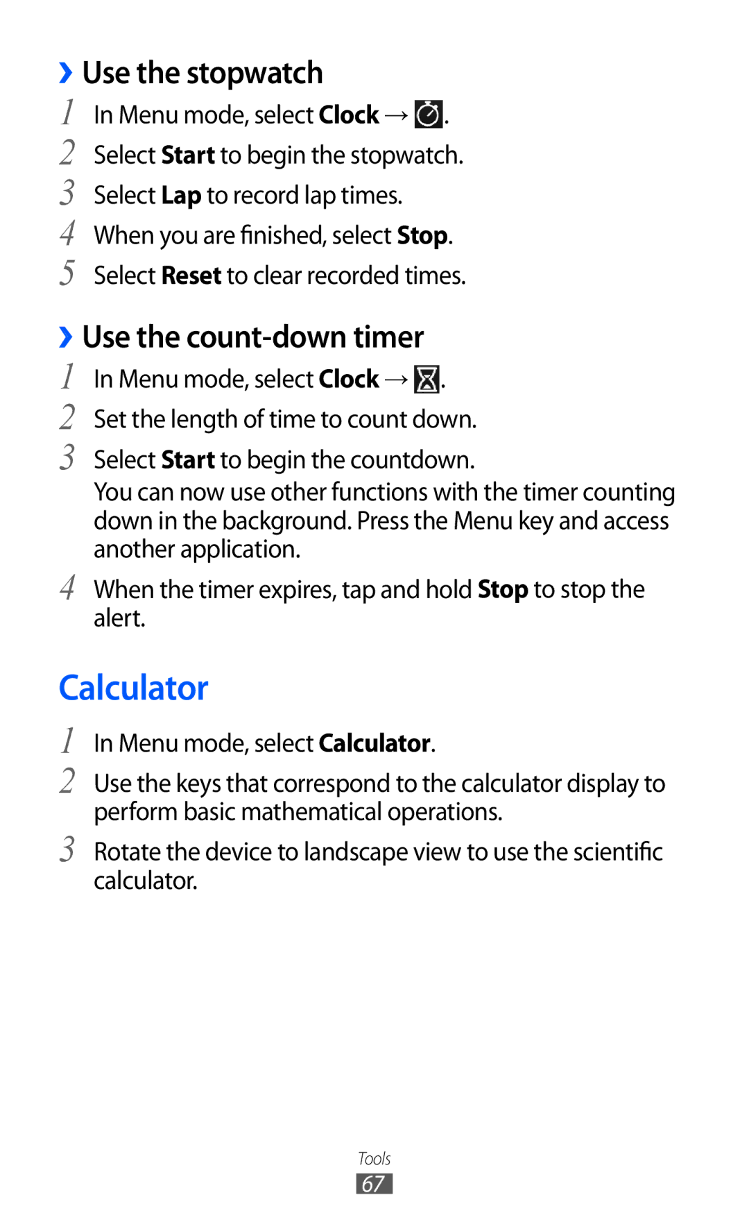 Samsung GT-C6712 user manual Calculator, ››Use the stopwatch, ››Use the count-down timer 