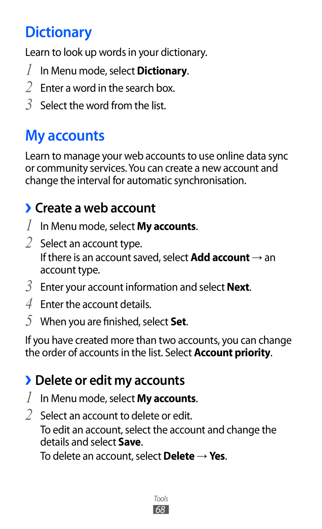 Samsung GT-C6712 user manual Dictionary, My accounts, ››Create a web account, ››Delete or edit my accounts 