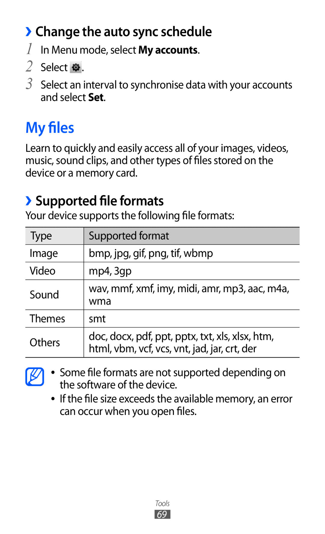 Samsung GT-C6712 user manual My files, ››Change the auto sync schedule, ››Supported file formats, Wma 