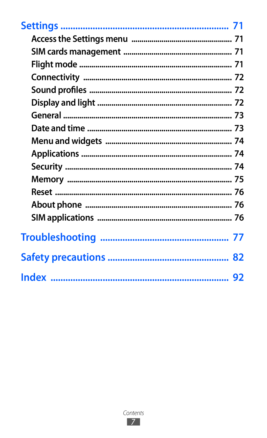 Samsung GT-C6712 user manual Troubleshooting Safety precautions Index 