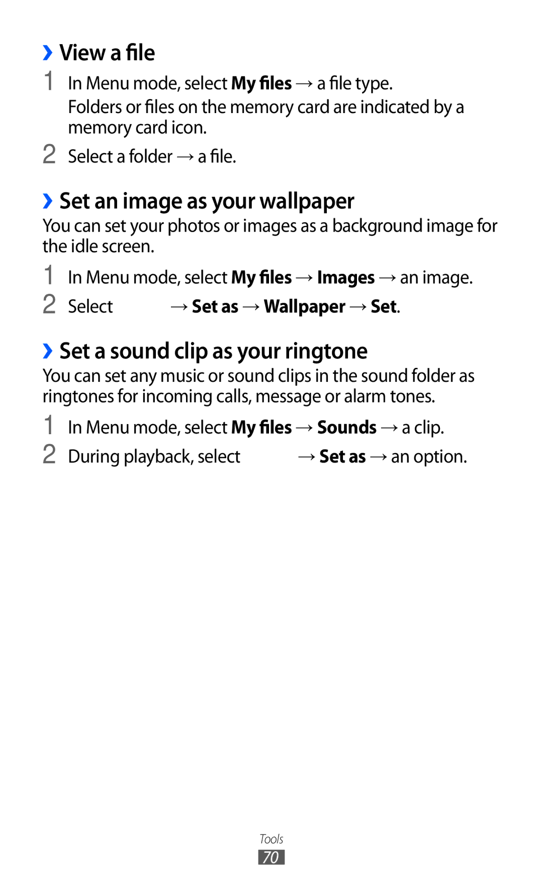 Samsung GT-C6712 user manual View a file, ››Set an image as your wallpaper, ››Set a sound clip as your ringtone 