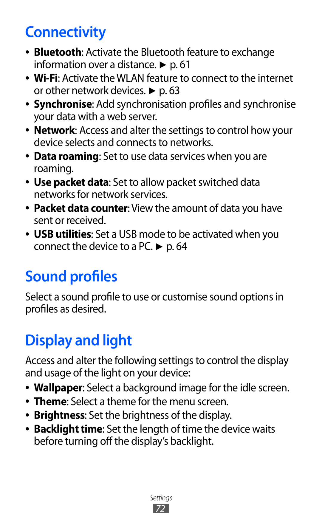 Samsung GT-C6712 user manual Connectivity, Sound profiles, Display and light 