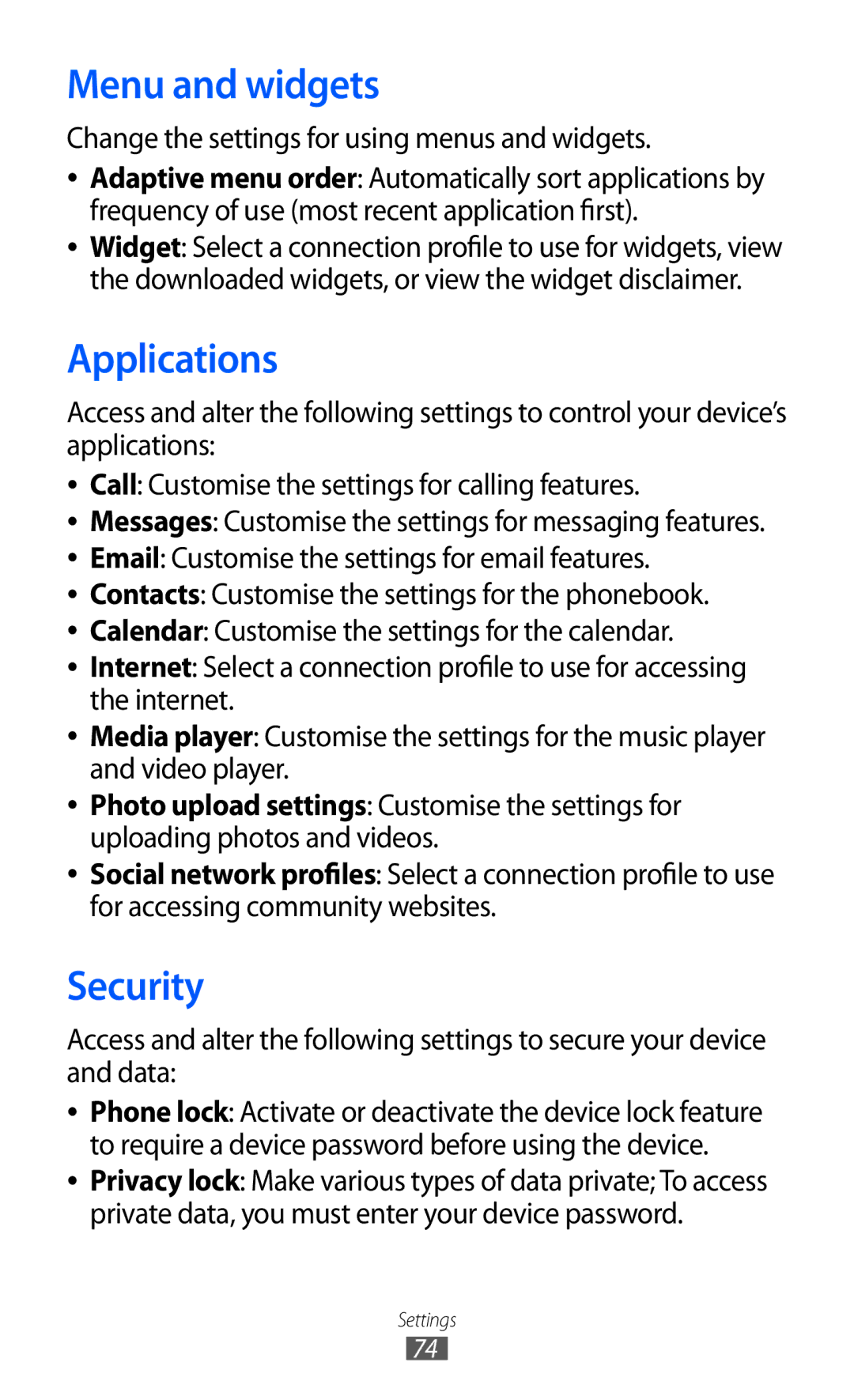 Samsung GT-C6712 user manual Menu and widgets, Applications, Security, Change the settings for using menus and widgets 