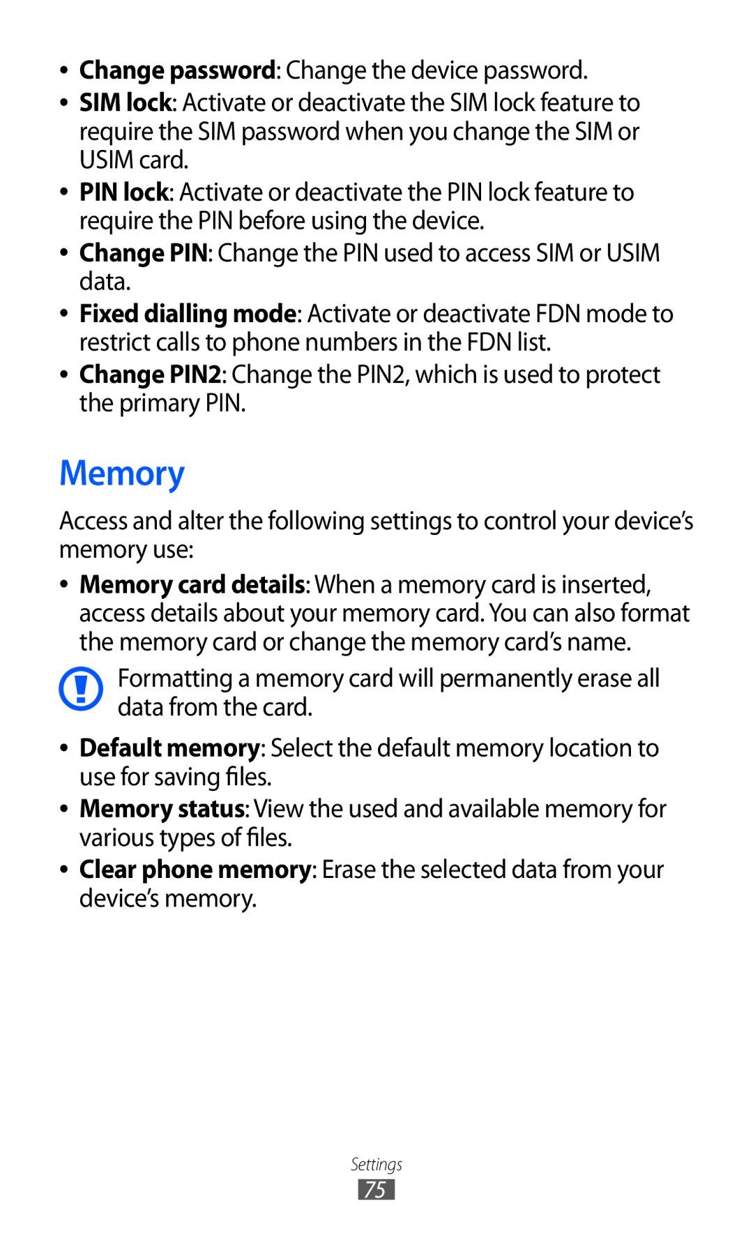 Samsung GT-C6712 user manual Memory, Change PIN Change the PIN used to access SIM or Usim data 