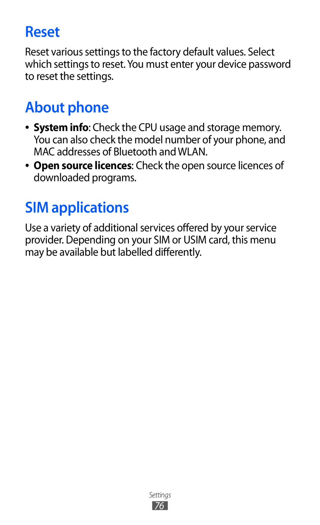 Samsung GT-C6712 user manual Reset, About phone, SIM applications 