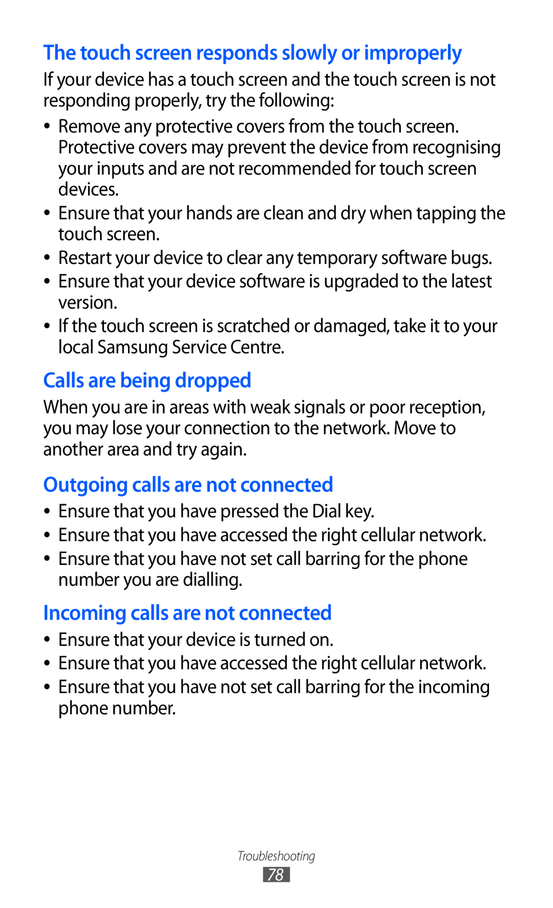 Samsung GT-C6712 user manual Calls are being dropped, Outgoing calls are not connected, Incoming calls are not connected 