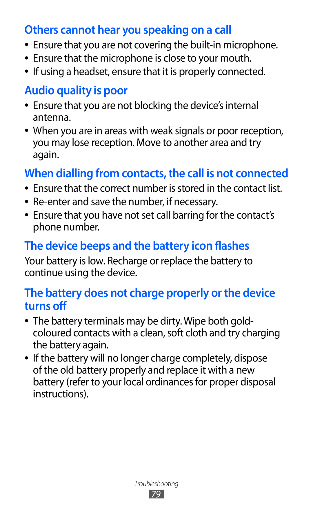 Samsung GT-C6712 user manual Others cannot hear you speaking on a call, Audio quality is poor 