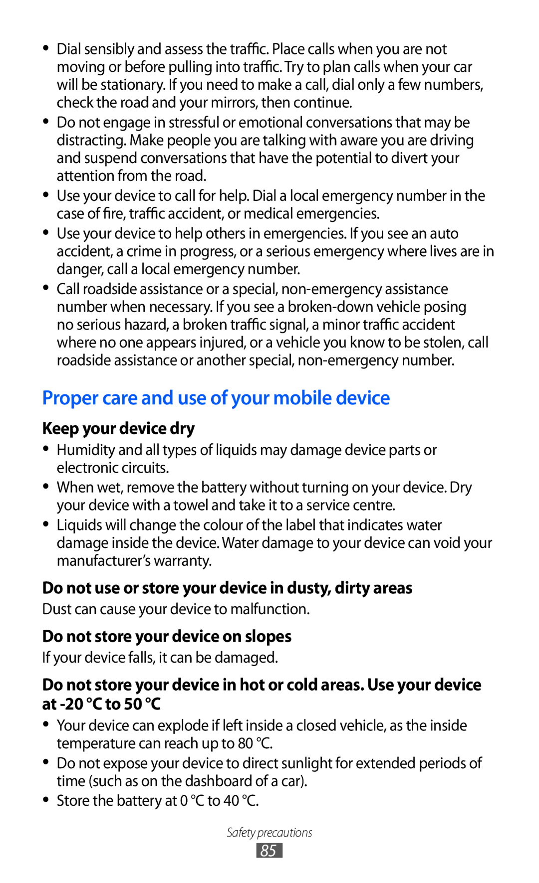 Samsung GT-C6712 Proper care and use of your mobile device, Keep your device dry, Do not store your device on slopes 