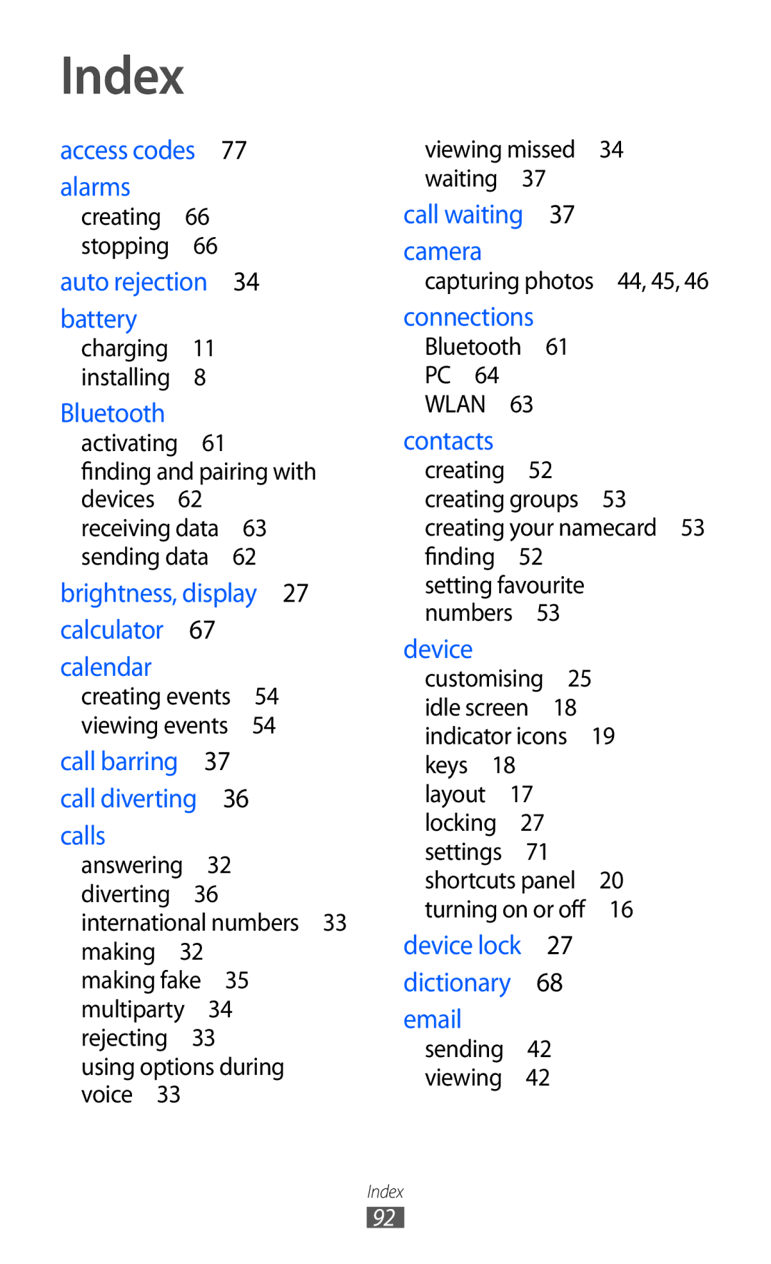 Samsung GT-C6712 user manual Index, Brightness, display 27 calculator 67 calendar 