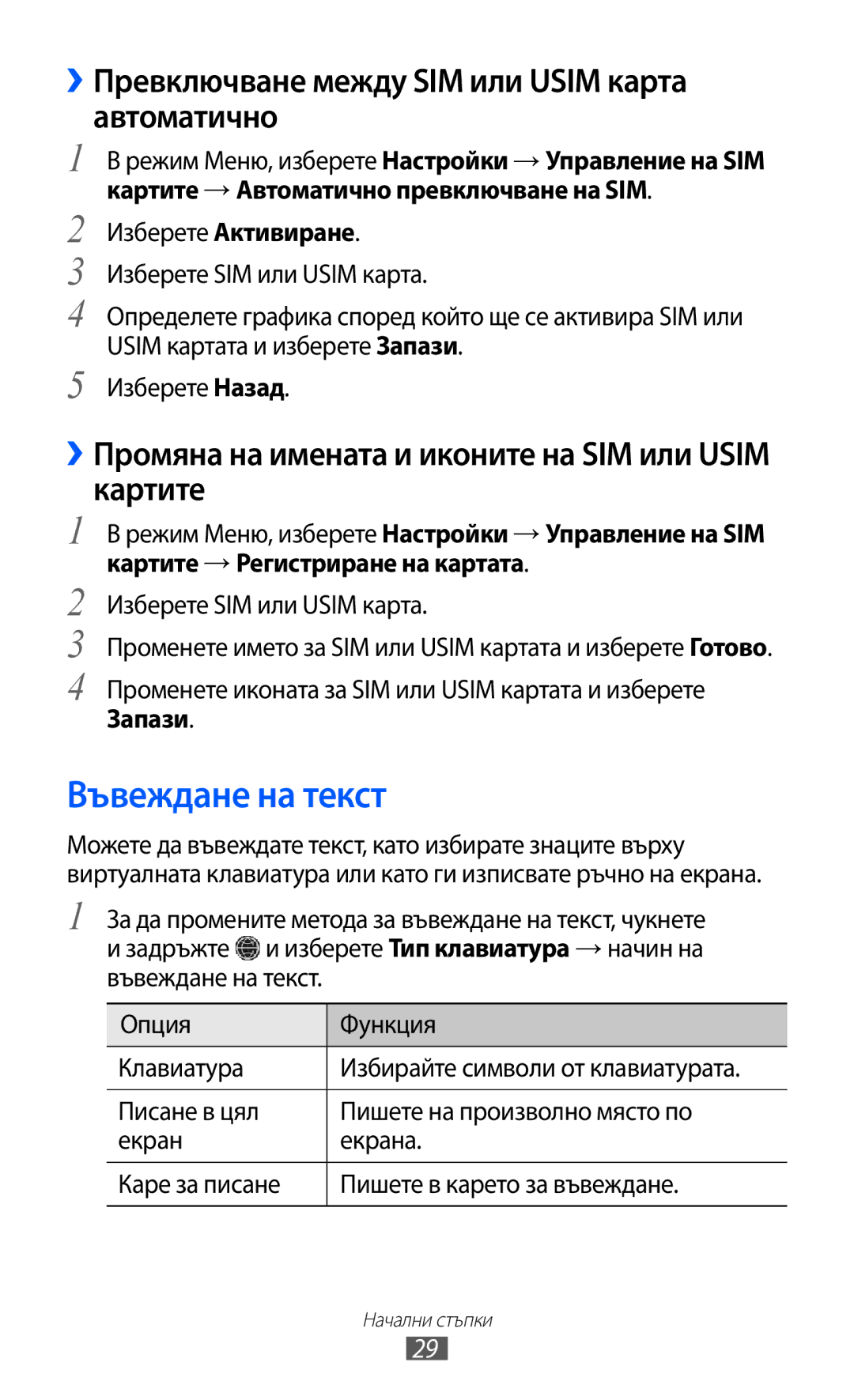 Samsung GT-C6712LKABGL manual Въвеждане на текст, ››Превключване между SIM или Usim карта автоматично, Запази 