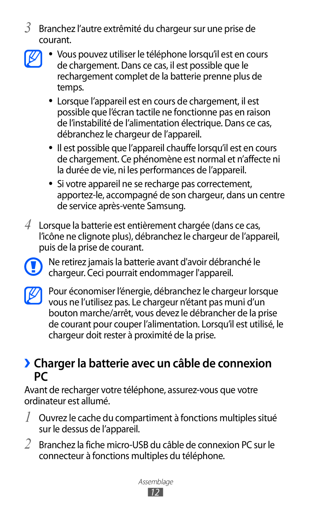 Samsung GT-C6712LKABGL manual ››Charger la batterie avec un câble de connexion 