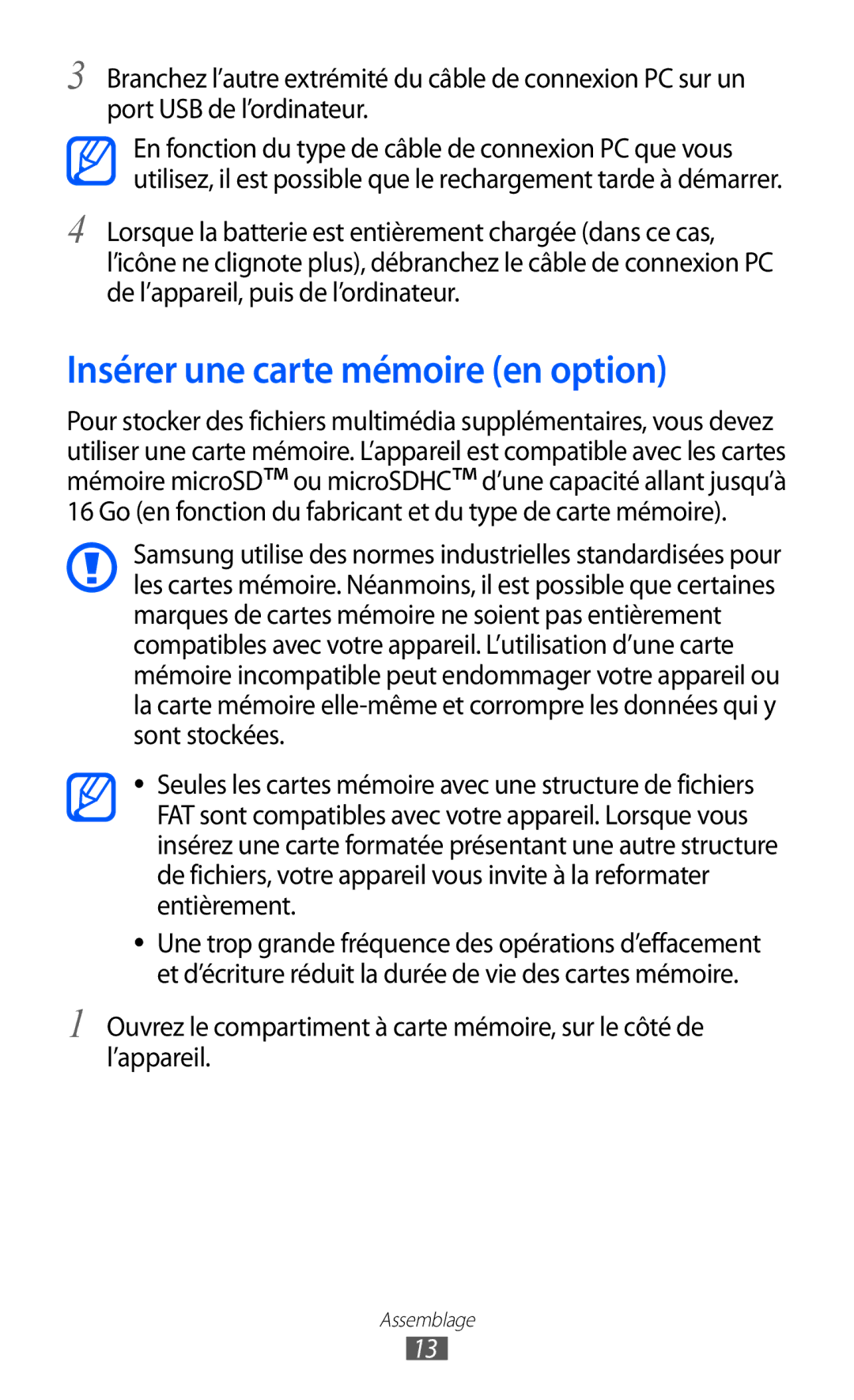 Samsung GT-C6712LKABGL manual Insérer une carte mémoire en option 