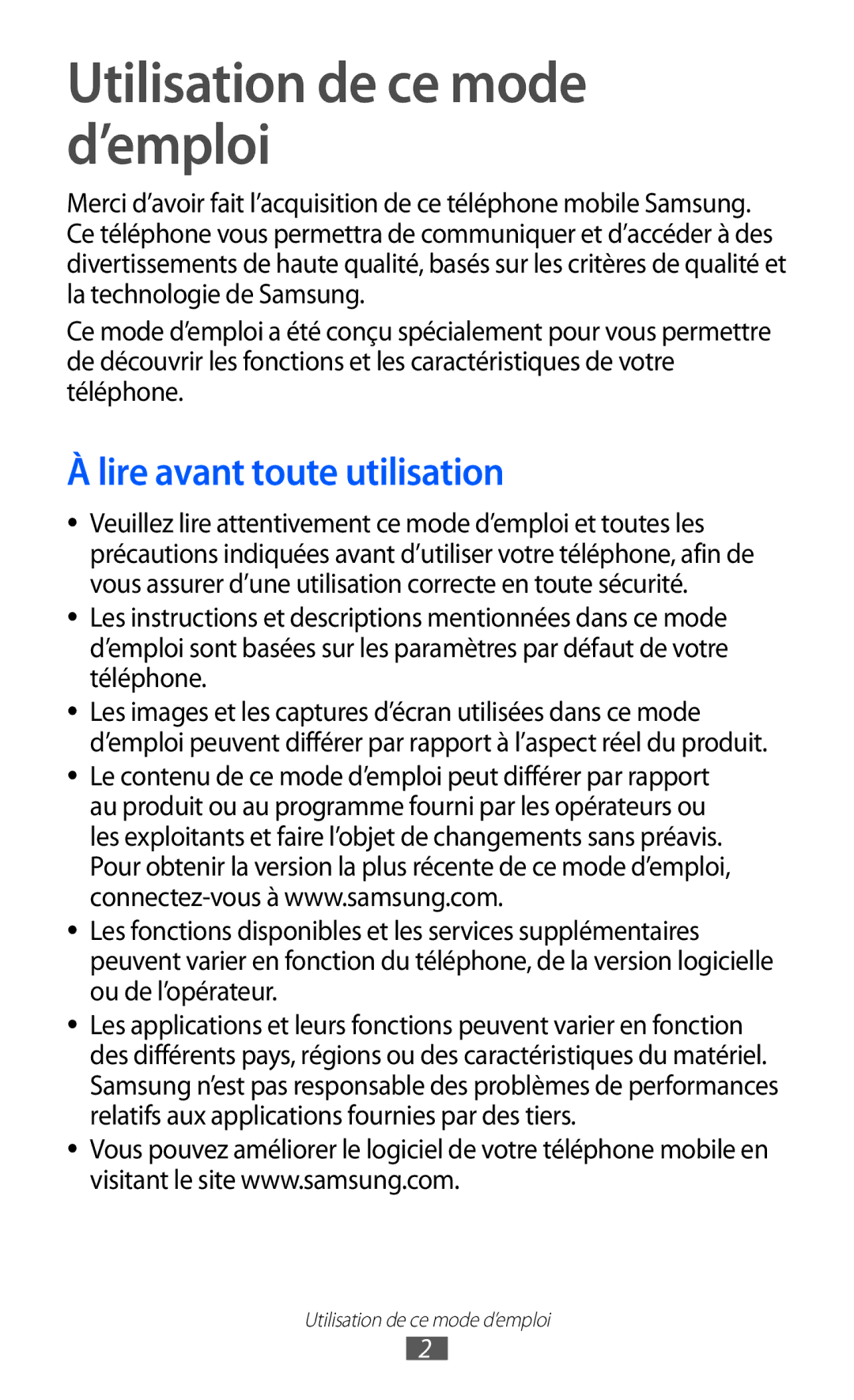 Samsung GT-C6712LKABGL manual Utilisation de ce mode d’emploi, Lire avant toute utilisation 