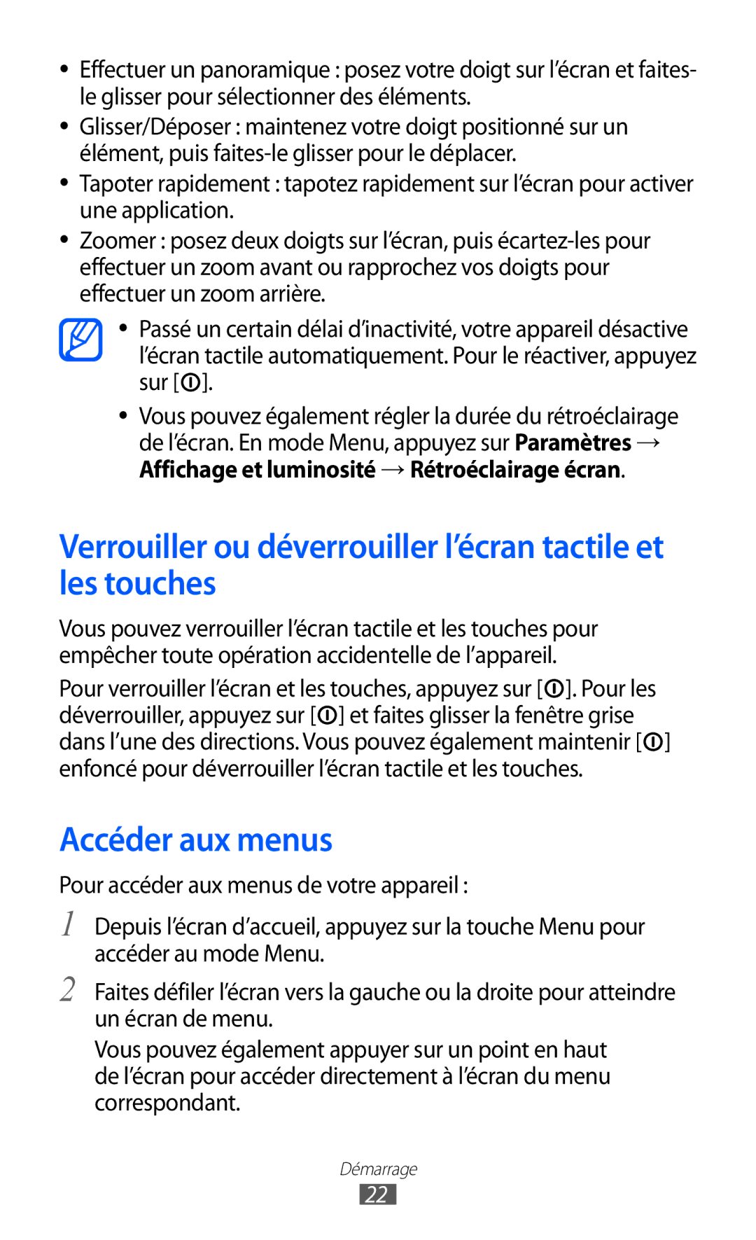 Samsung GT-C6712LKABGL manual Verrouiller ou déverrouiller l’écran tactile et les touches, Accéder aux menus 