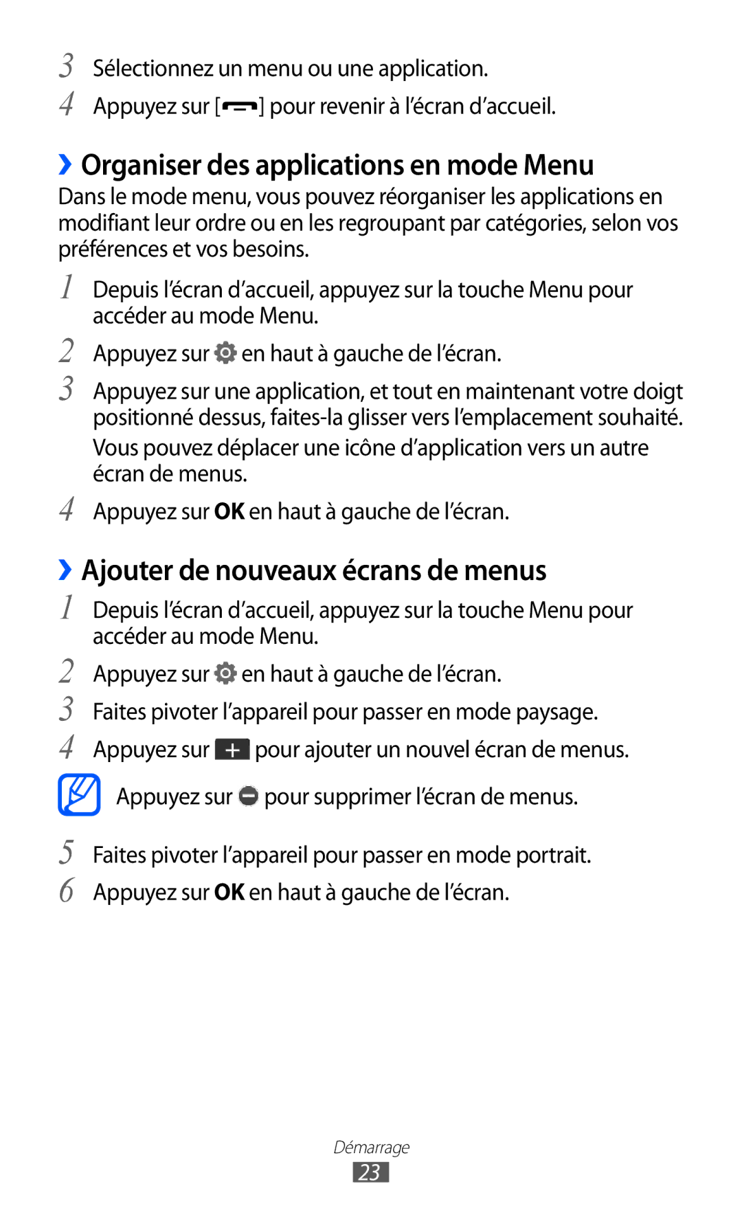 Samsung GT-C6712LKABGL manual ››Organiser des applications en mode Menu, ››Ajouter de nouveaux écrans de menus 