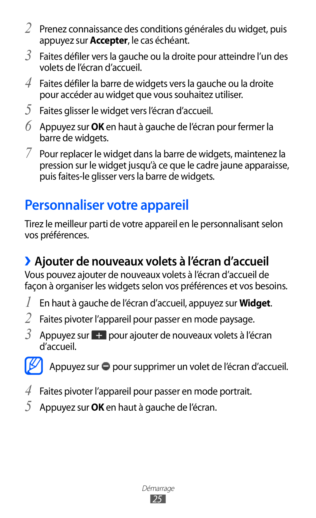 Samsung GT-C6712LKABGL manual Personnaliser votre appareil, ››Ajouter de nouveaux volets à l’écran d’accueil 