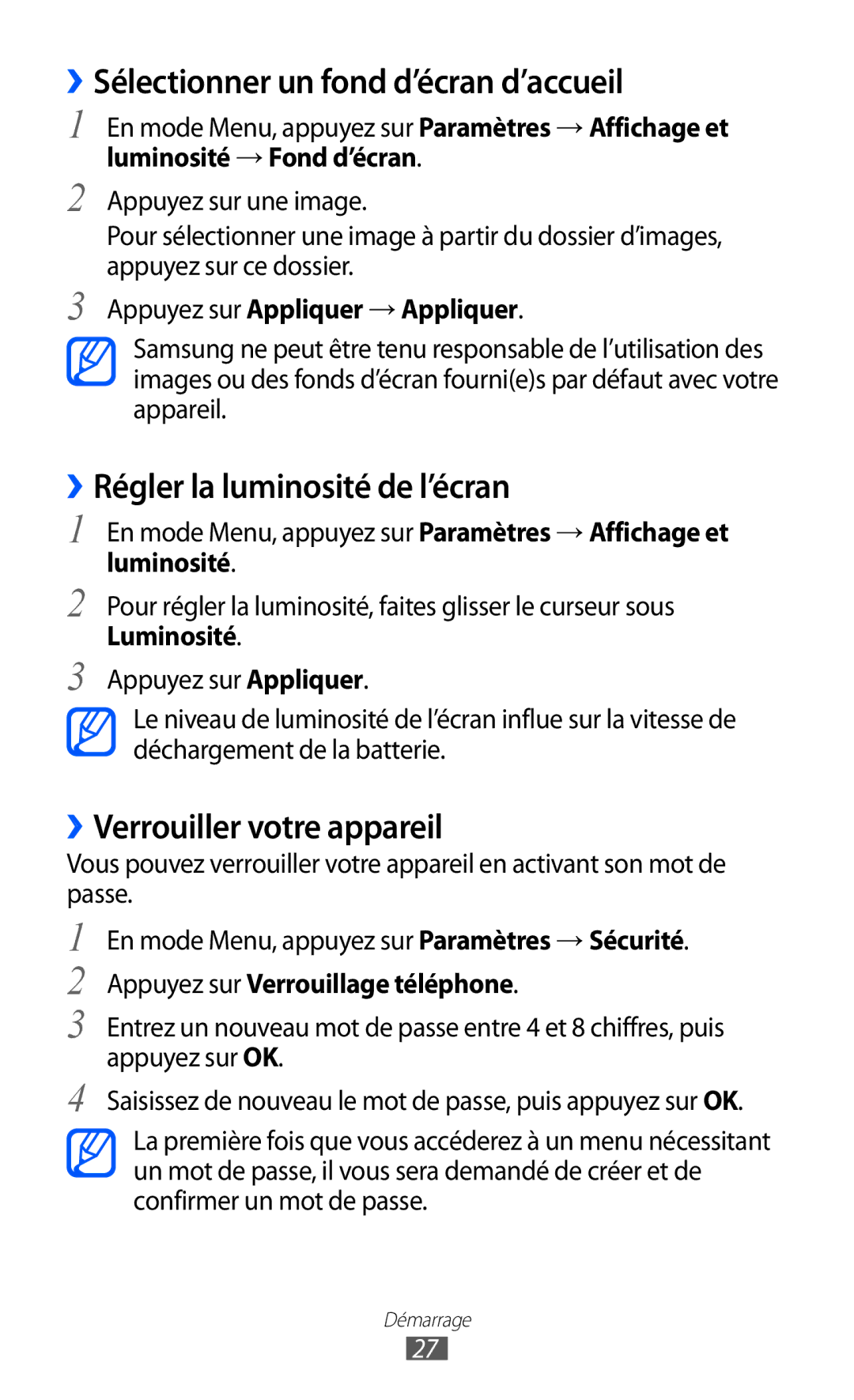 Samsung GT-C6712LKABGL manual ››Sélectionner un fond d’écran d’accueil, ››Régler la luminosité de l’écran 
