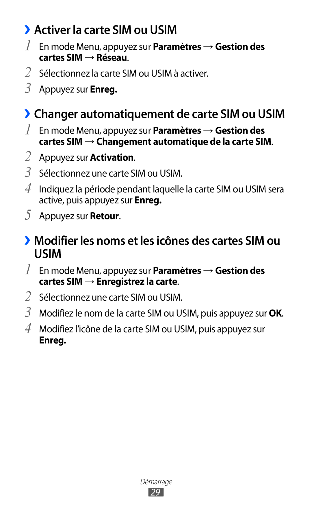 Samsung GT-C6712LKABGL manual ››Activer la carte SIM ou Usim, Enreg 