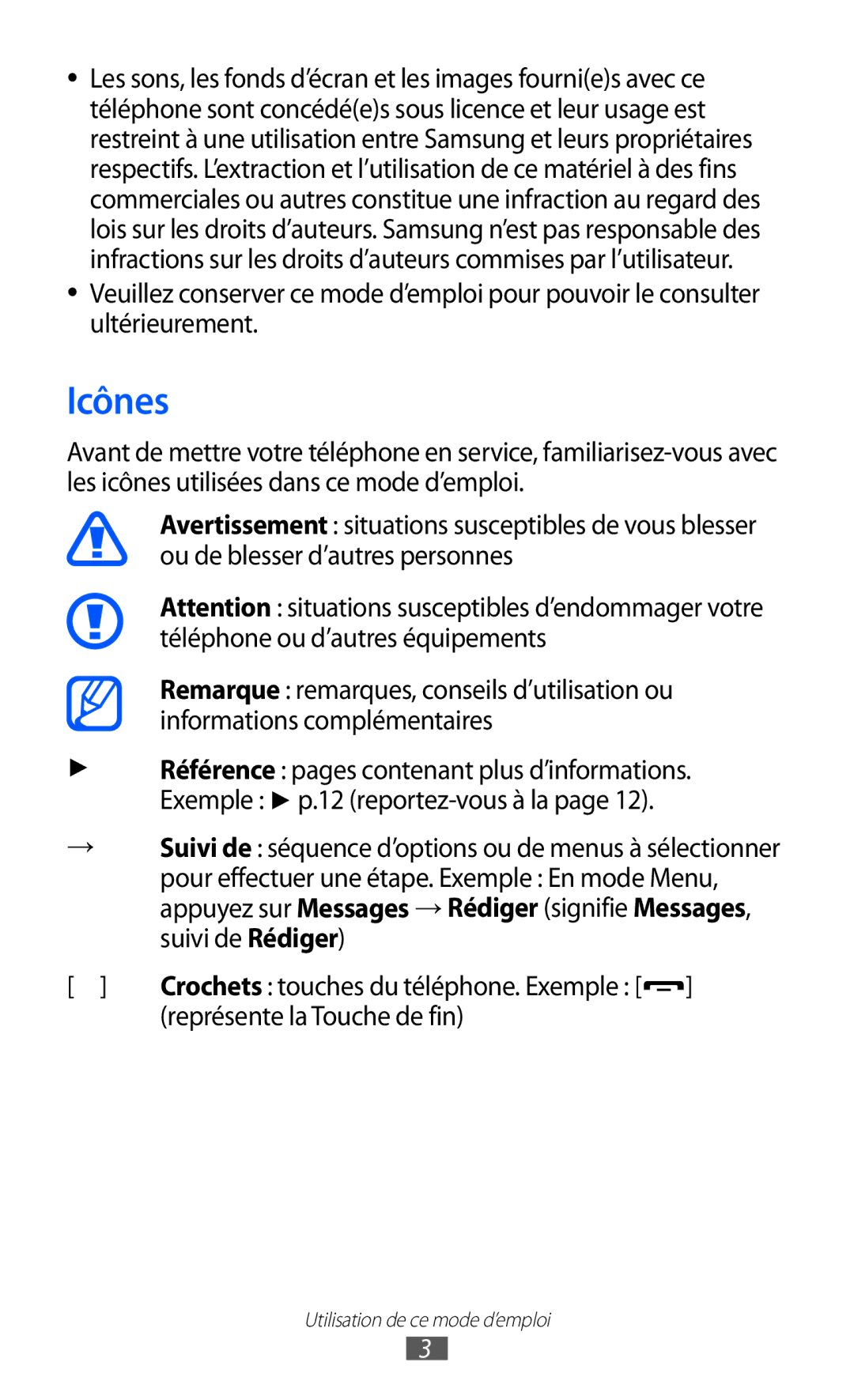 Samsung GT-C6712LKABGL manual Icônes, Représente la Touche de fin 