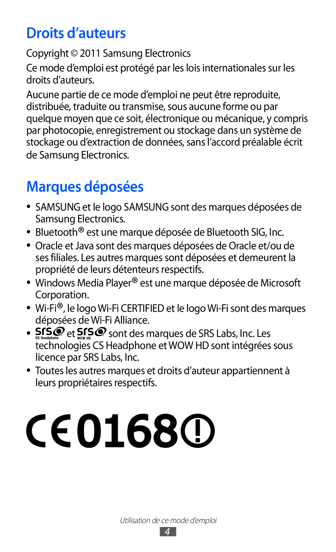 Samsung GT-C6712LKABGL manual Droits d’auteurs, Marques déposées 