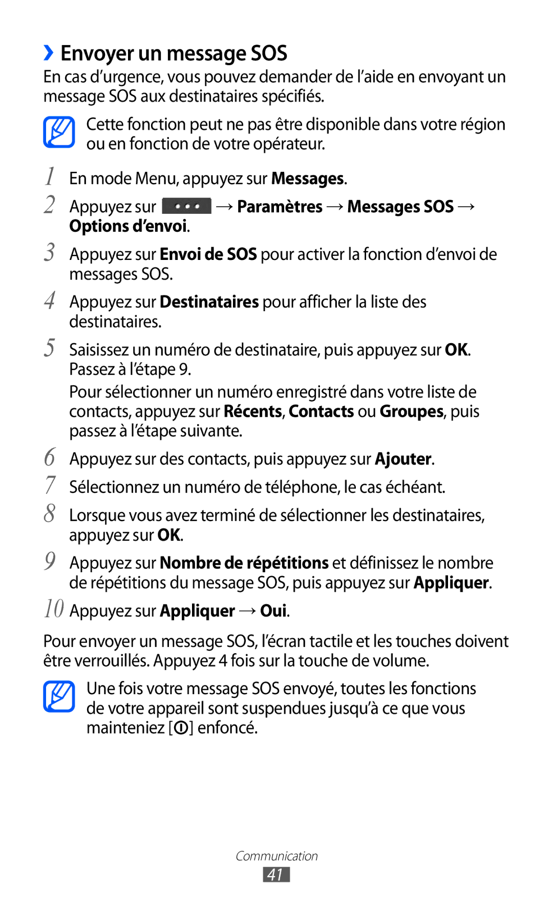 Samsung GT-C6712LKABGL manual ››Envoyer un message SOS, Options d’envoi, Appuyez sur Appliquer → Oui 