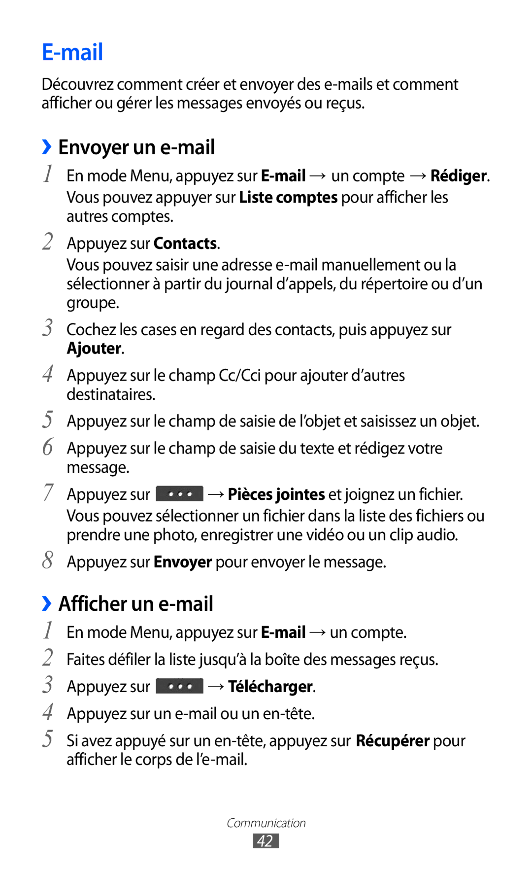 Samsung GT-C6712LKABGL manual Mail, ››Envoyer un e-mail, Afficher un e-mail, → Télécharger 