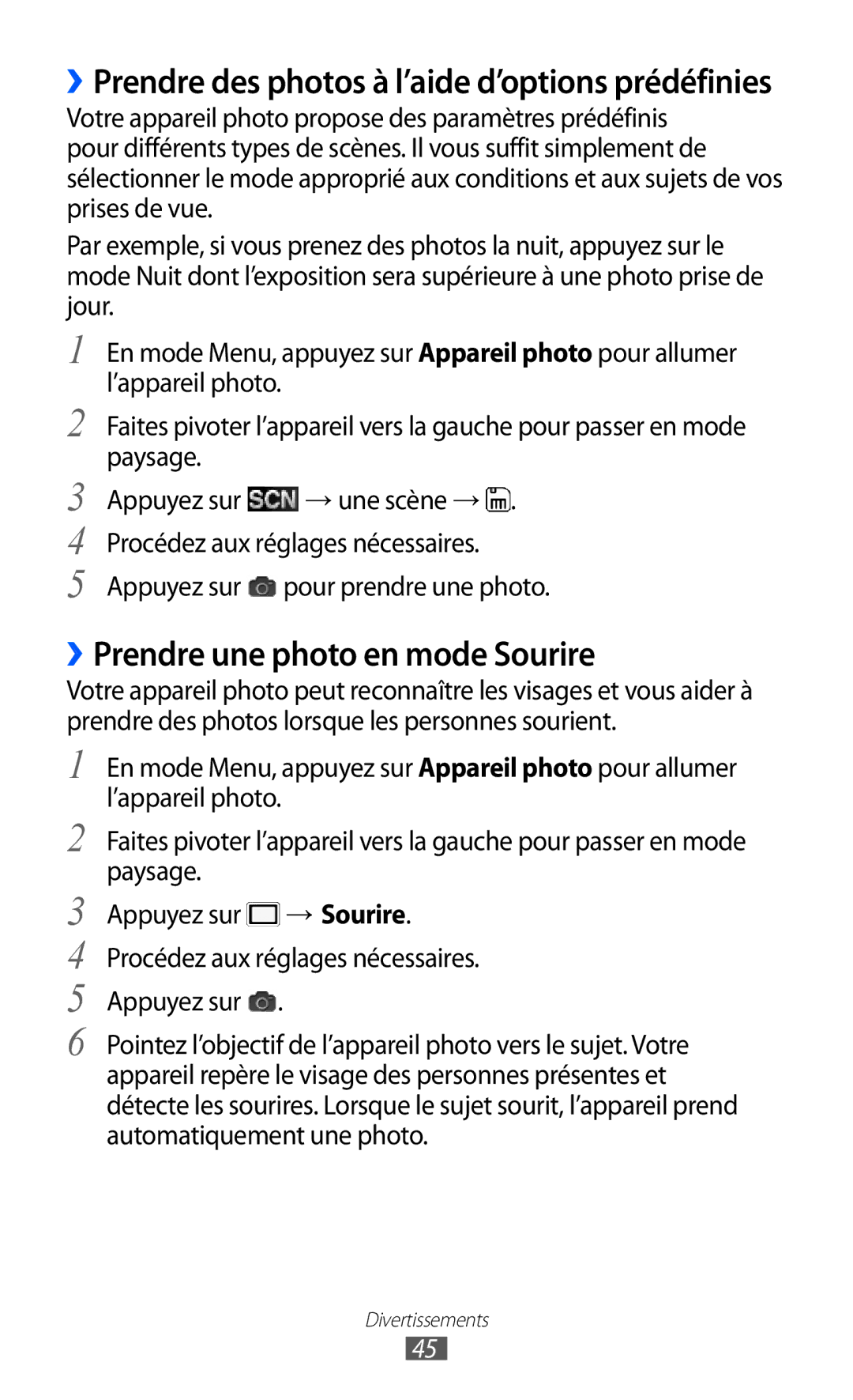 Samsung GT-C6712LKABGL manual ››Prendre une photo en mode Sourire, ››Prendre des photos à l’aide d’options prédéfinies 