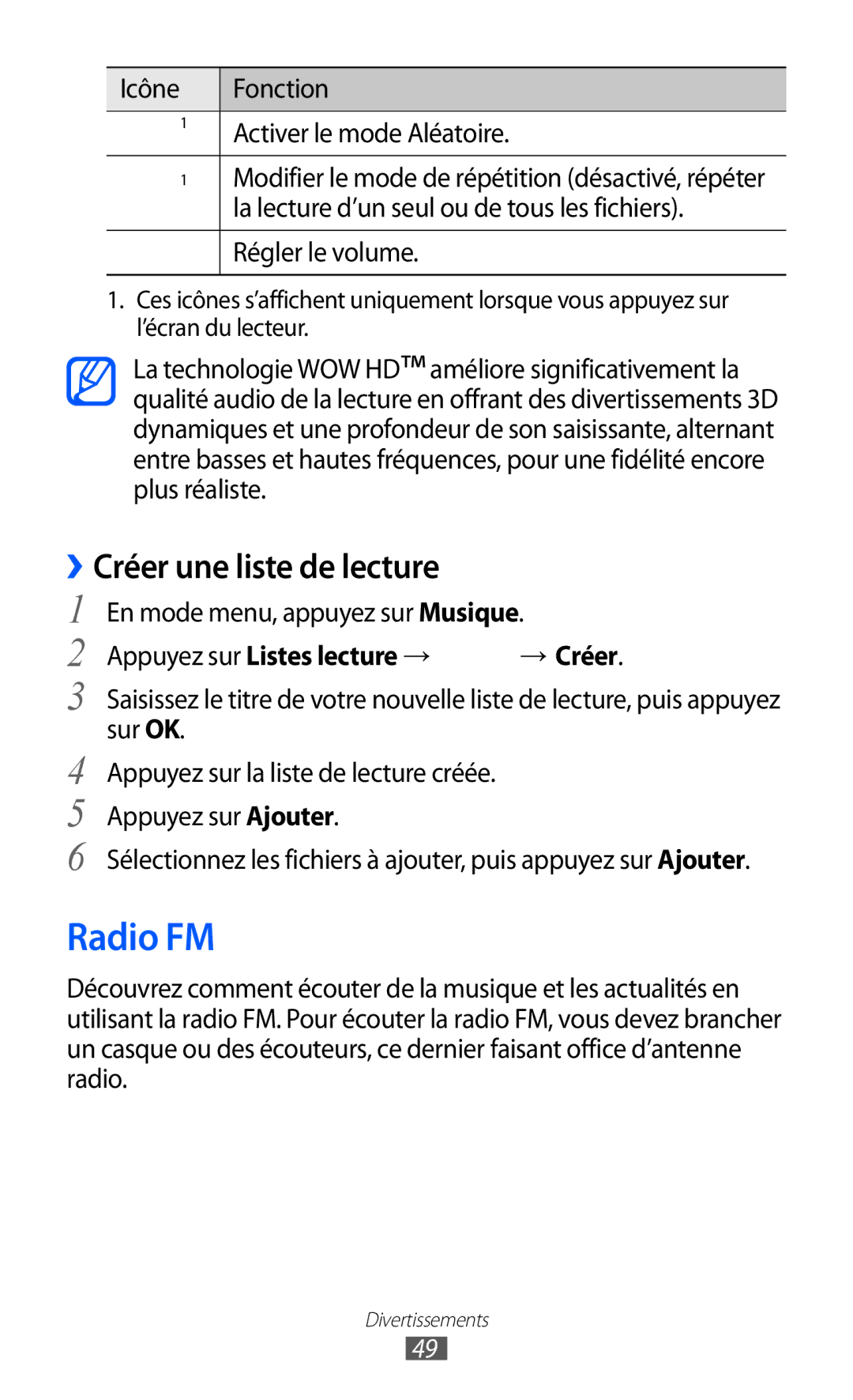 Samsung GT-C6712LKABGL manual Radio FM, ››Créer une liste de lecture, Activer le mode Aléatoire 