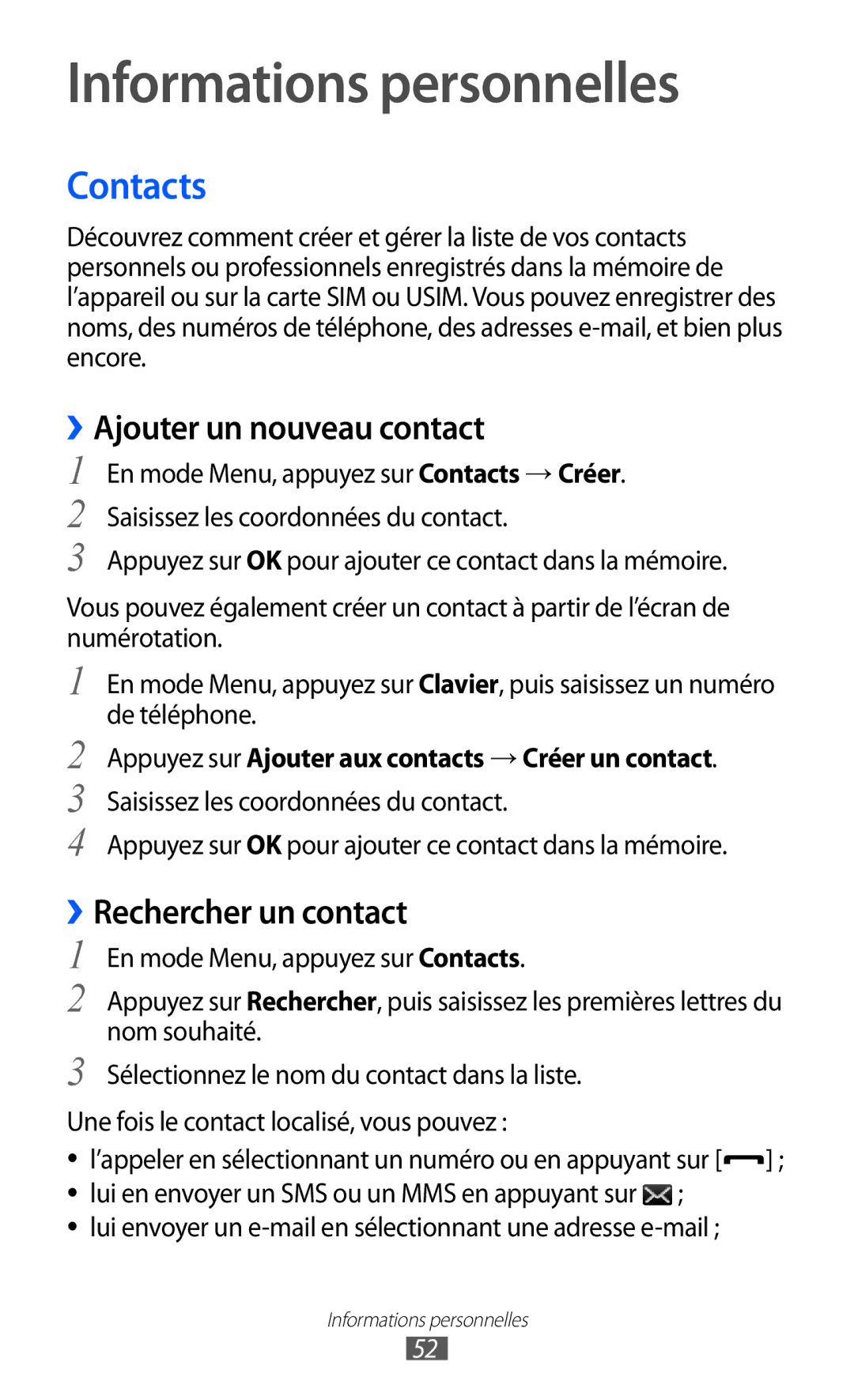 Samsung GT-C6712LKABGL manual Informations personnelles, Contacts, ››Ajouter un nouveau contact, ››Rechercher un contact 